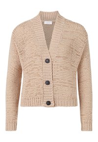 Beige pletený svetr s texturovaným vzorem, šálovým límcem a čtyřmi černými knoflíky vpředu. Má žebrované manžety a spodní lem.