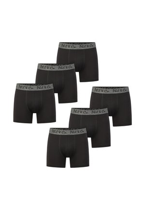 Sechs Paare schwarzer Boxershorts mit einem grauen elastischen Bund, auf dem der Markenname "Phil & Co." in wiederholtem Text steht. Glatte Stofftextur.