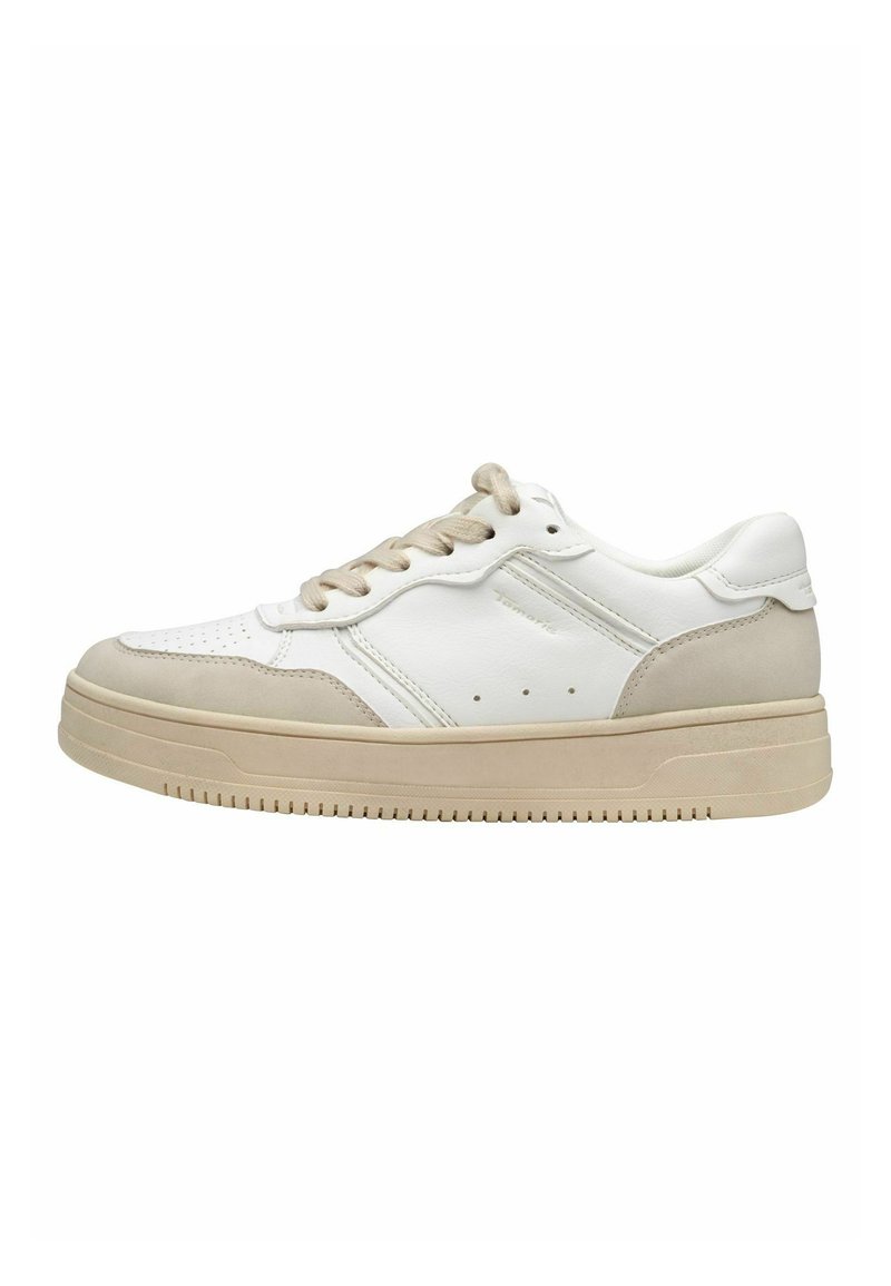 Sneaker bianchi e beige con tomaia in pelle liscia, punta perforata, morbidi dettagli in suede e suola in gomma spessa. Design con lacci.