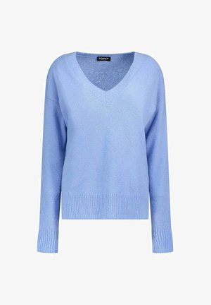 Maglione azzurro chiaro a scollo a V con maniche lunghe, polsini e orlo a coste; tessuto morbido e testurizzato con una vestibilità comoda e dettagli minimi.