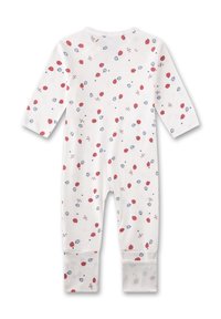 Langärmliger Baby-Body aus weißem Stoff mit einem Muster aus roten Marienkäfern und blauen Akzenten, mit Bündchen an den Knöcheln und rundem Halsausschnitt.