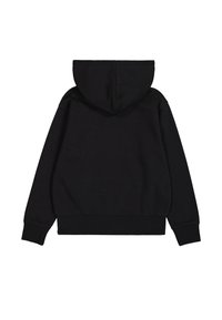 Sudadera negra con bolsillo frontal tipo pouch, puños y dobladillo acanalados. Cuenta con capucha ajustable y tela suave y texturizada. Diseño simple sin logotipos visibles.