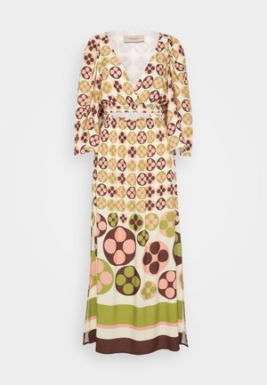Vestido largo y ceñido con un escote en V profundo, cintura elástica y mangas acampanadas. Presenta un estampado audaz de círculos en tonos verdes, rosas y marrones sobre un fondo crema.