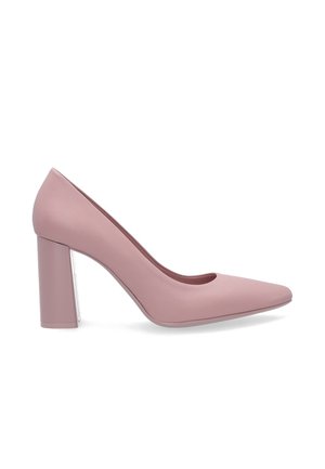 Pink faux leather high-heeled pump featuring a pointed toe, wide block heel, and smooth texture with a subtle cut-out detail.
