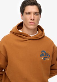 Sudadera marrón hecha de una tela suave, con capucha ajustable y un logotipo gráfico azul en el pecho. Textura suave, corte relajado.