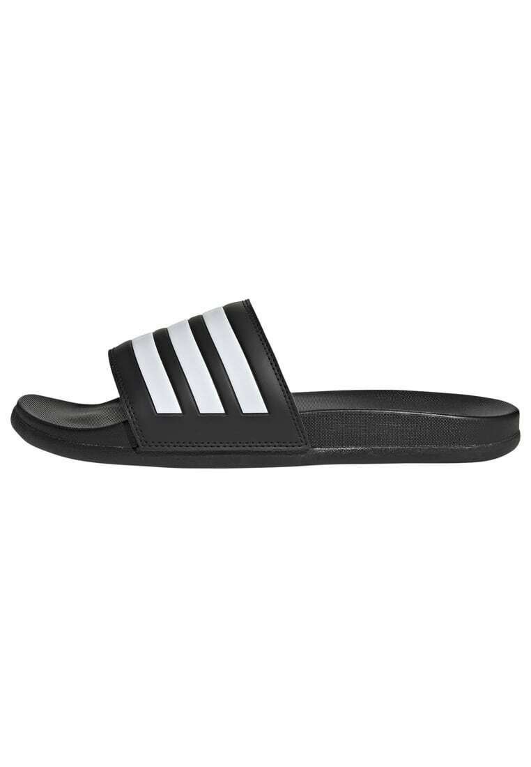 Black slide sandal with three white stripes on the strap, made of synthetic material, featuring a textured footbed and flat sole.