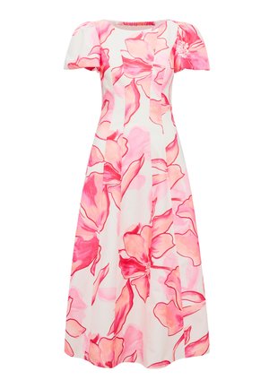 Λευκό μίντι φόρεμα με μεγάλα ροζ και κόκκινα λουλουδένια σχέδια και κοντά φουσκωτά μανίκια.