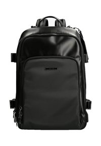 Svart ryggsäck gjord av ett slätt, hållbart material. Har ett stort huvudfack, framficka och flera dragkedjor. Minimalistisk design.