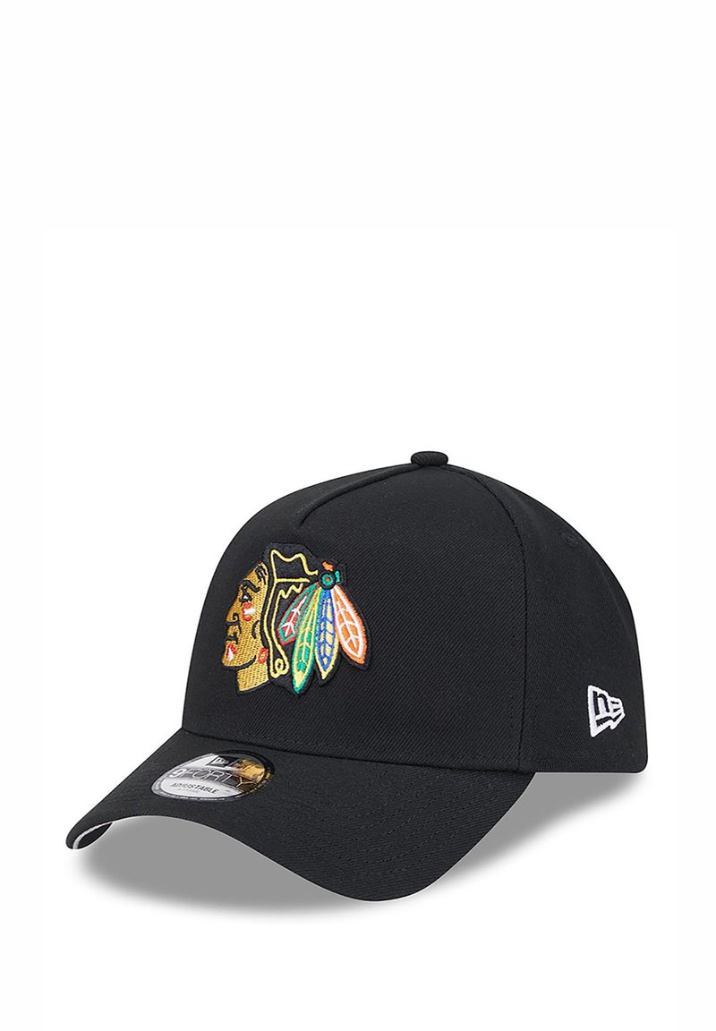 Black cap with a curved brim and embroidered logo featuring a Native American profile with colorful feathers and accents.