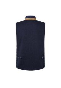 Gilet sans manches bleu marine avec un col marron, doté de boutons sur le côté et d'une finition tricotée texturée. Tissu lisse avec des éléments de design subtils.