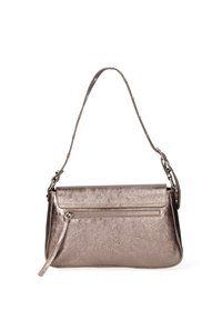 Borsa a tracolla in bronzo metallico con una texture liscia, un pattino superiore, una tasca con zip nella parte anteriore e una tracolla regolabile.