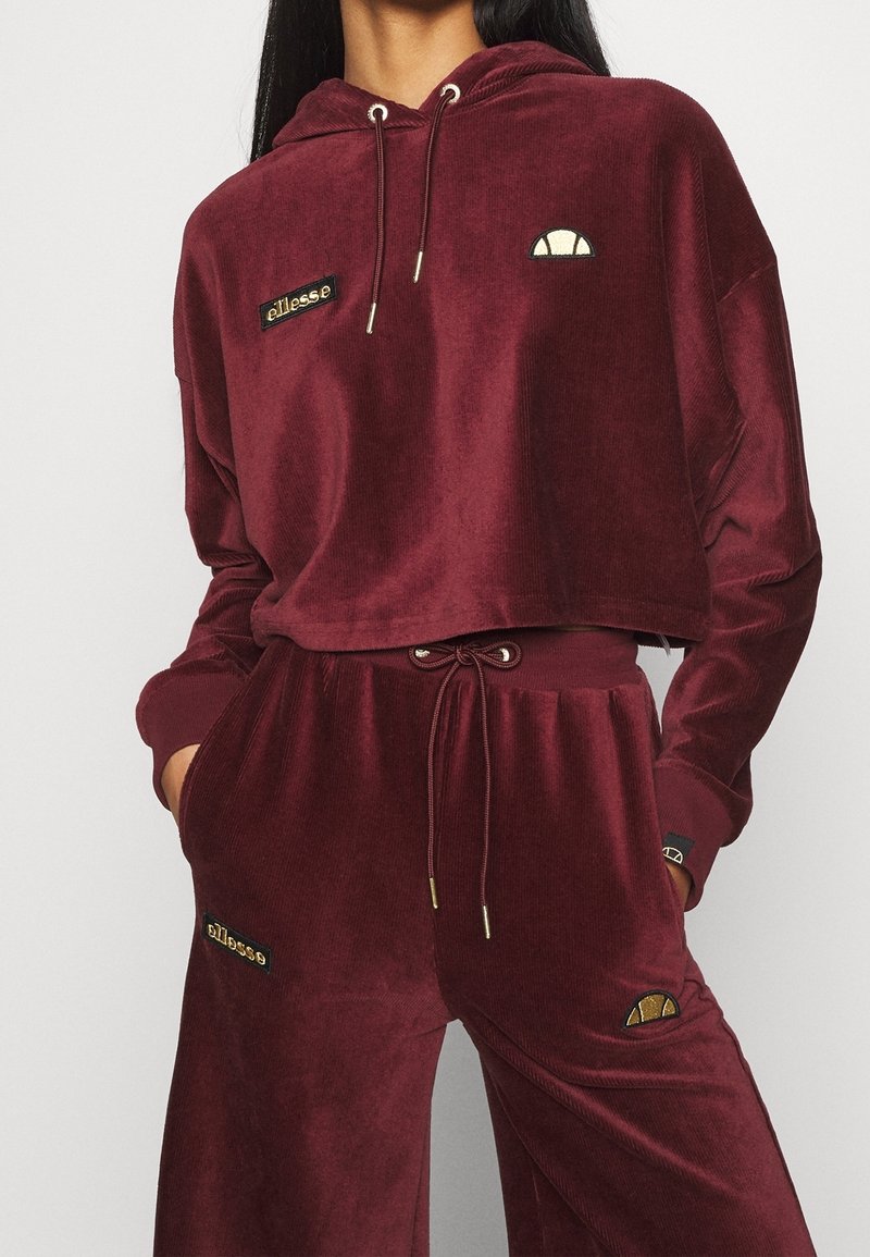 Bordeaux velours trainingsset met een cropped hoodie met trekkoord en geborduurd logo, gecombineerd met bijpassende sweatpants en voorkruiszakken.