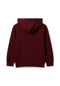 Sweat à capuche bordeaux avec un cordon de serrage, des poignets côtelés et une taille côtelée. Texture lisse, design décontracté, uni sans motifs ni accents.
