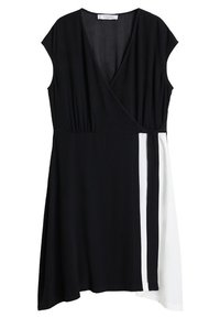 Schwarzes Wickelkleid mit kurzen Ärmeln, verfügt über einen elastischen Bund und ein weißes Seitenpanel, gefertigt aus glattem Stoff mit fließender Silhouette.