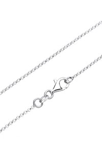 Silberkette mit einem Karabinerverschluss. Verfügt über kleine, miteinander verbundene Glieder und eine strukturierte Oberfläche. Mit "925" für Sterlingsilber gestempelt.