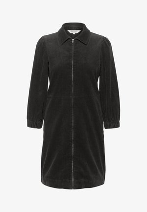 Black corduroy dress with a collared neckline, long sleeves, and zipper closure. Features vertical ribbed texture and elastic cuff detailing.