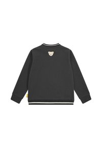 Sudadera de color gris oscuro con cuello redondo, puños y dobladillo a rayas. Presenta un rostro de oso bordado en la parte posterior. Textura suave.
