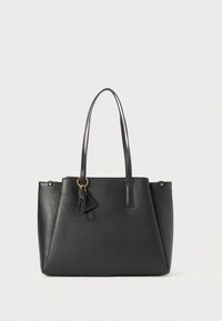 Black leather tote bag with two long handles, textured surface, gold-tone hardware, and a small detachable tag. Rectangular shape.