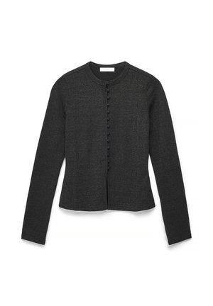 Sort langærmet cardigan med rund halsudskæring og knaplukning foran dækket af stof.