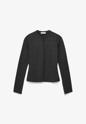 Cardigan nero a maniche lunghe con scollatura rotonda e chiusura frontale con bottoni rivestiti in tessuto.