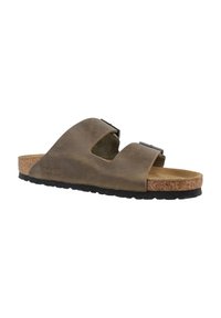 Sandal in pelle marrone con due fasce regolabili, soletta in sughero e suola in gomma nera texturizzata. Presenta un design e materiali neutri.
