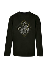 Schwarzes Langarmshirt mit einem grafischen Design eines Zentauren mit einem Bogen und Pfeil, umgeben von Bäumen und Bergen, in Weiß und Gold.