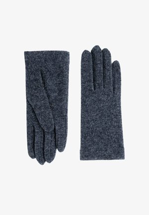 Une paire de gants en tricot gris foncé, l'un montrant le côté paume et l'autre montrant le dos, posés à plat sur un fond blanc.