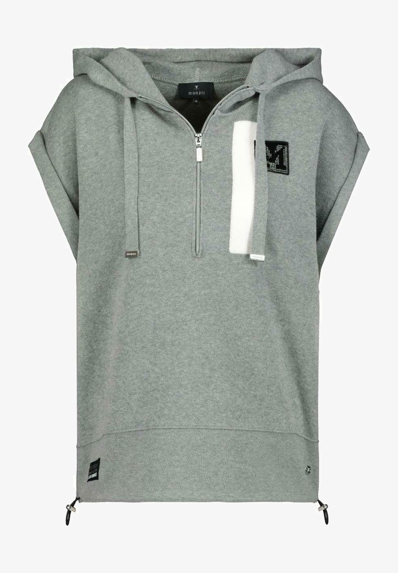 Hoodie gris à manches courtes avec une fermeture éclair à l'avant, poche kangourou et un patch blanc. Présente des accents de logo et des cordons de serrage ajustables à l'ourlet.