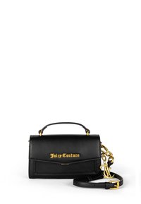 Borsa a tracolla in pelle nera con manico superiore, dettagli in oro e tracolla rimovibile. Presenta una patta anteriore e un logo decorativo.