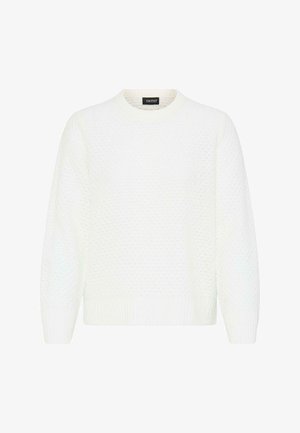 Valge kudumiga sviiter ümmarguse kaelusega, tekstuurse mustriga ning ribaga mansettide ja alumise äärtega. Pehme materjalil on peen sära. Brändi silt on nähtav.