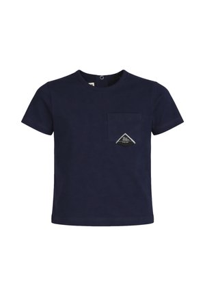 Maglietta a maniche corte da bambino di colore blu navy con collo rotondo e tasca frontale con una piccola toppa con logo triangolare.