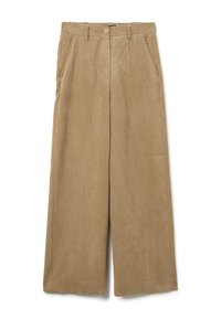 Beige Kord-Hose mit weitem Bein und texturierter Oberfläche, ausgestattet mit zwei Fronttaschen und einem einzelnen Knopfverschluss an der Taille.