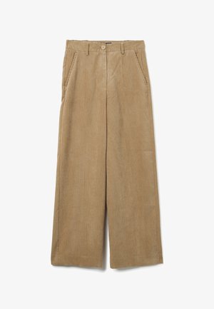 Beige corduroy wijde broek met een gestructureerde afwerking, voorzien van twee zakken aan de voorkant en een enkele knoopsluiting in de taille.