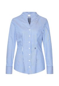 Chemise femme à manches longues avec boutons, rayures verticales bleues et blanches et petit logo sur le côté droit.
