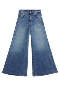 Vaaleansiniset avarat farkut, valmistettu puuvillasta. Ominaisuuksiin kuuluu hieman haalistunut pesu, viisi taskua ja nappikiinnitys vyötäröllä.