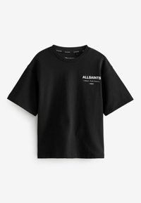 Czarny T-shirt z krótkim rękawem z białym logo ALLSAINTS i japońskim napisem nadrukowanym na górnej lewej stronie klatki piersiowej.