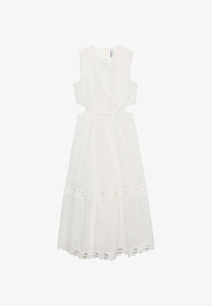 Weißes Kleid mit floralen Spitzenakzenten am Ausschnitt und Saum, ärmellos mit Ausschnitten an der Taille und einem ausgestellten Rock.