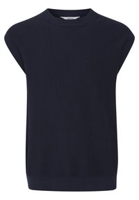 Mørkeblå ermere sweater i en teksturert strikk, med rund halslinning og ribbestrikket kant, med en avslappet passform.