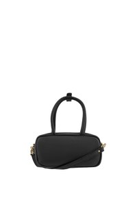 Borsa in pelle nera con finitura testurizzata, forma rettangolare, manici superiori doppi e tracolla rimovibile, con dettagli in metallo dorato.