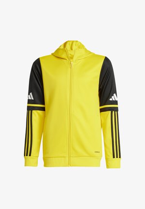 Felpa con cappuccio gialla con cerniera intera, maniche superiori nere con logo bianco, strisce nere sulle maniche inferiori e tasca frontale.
