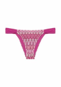 Różowe majtki bikini z tkaniną wzorzystą w fale, z jednolitą różową talią i bocznymi akcentami. Gładka faktura, regulowane dopasowanie.