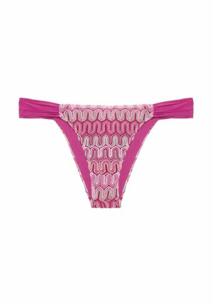 Roze bikini broek met golvenpatroon, voorzien van een effen roze tailleband en zijaccenten. Zachte textuur, verstelbare pasvorm.