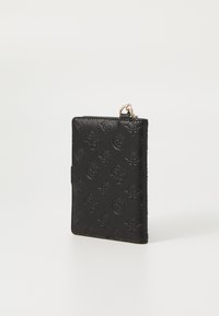 Black wallet made of embossed leather, featuring a pattern of logos and a metal keyring attachment. Slim rectangular shape with smooth texture.