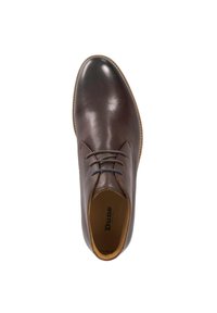 Brown leather dress shoe with a smooth finish, round toe, and blue laces. Interior shows a tan lining and the brand name "Dune."
