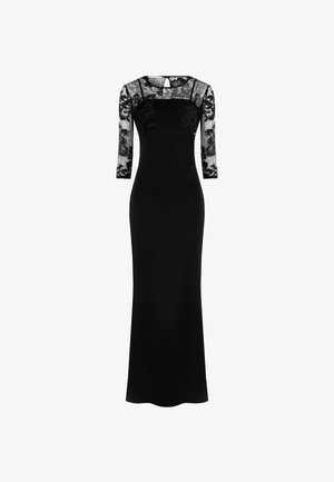 Robe de soirée longue noire avec des manches trois-quarts en dentelle florale transparente et un corsage supérieur, silhouette ajustée et fermeture au dos en forme de clé.