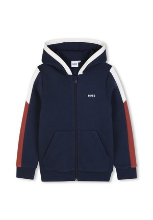 Sweat à capuche zippé bleu marine avec des rayures blanches et couleur rouille sur les manches, les poches avant et un petit logo BOSS sur la poitrine gauche.