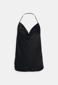 Camisole en satin noir avec un décolleté en V profond et de fines bretelles, offrant une coupe décontractée et une texture lisse. Sans motifs ni accents.