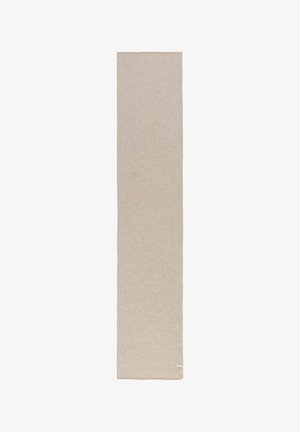 Beige katoenen sjaal, langwerpige vorm, zachte textuur, minimalistisch ontwerp, met een gestikte rand en een klein label aan één uiteinde.