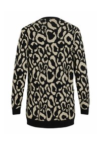 Pulover z leopardjim vzorcem v črni in kremni barvi, z udobnim krojem, dolgimi rokavi ter rebrastimi manšetami in robom, narejen iz pletenega materiala.