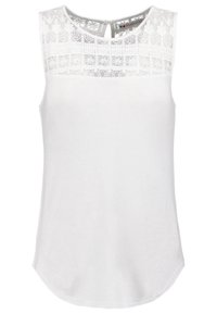 Top bianco senza maniche con inserti in pizzo floreale e scollatura tonda, dotato di una piccola chiusura con bottone a occhiello sul retro.